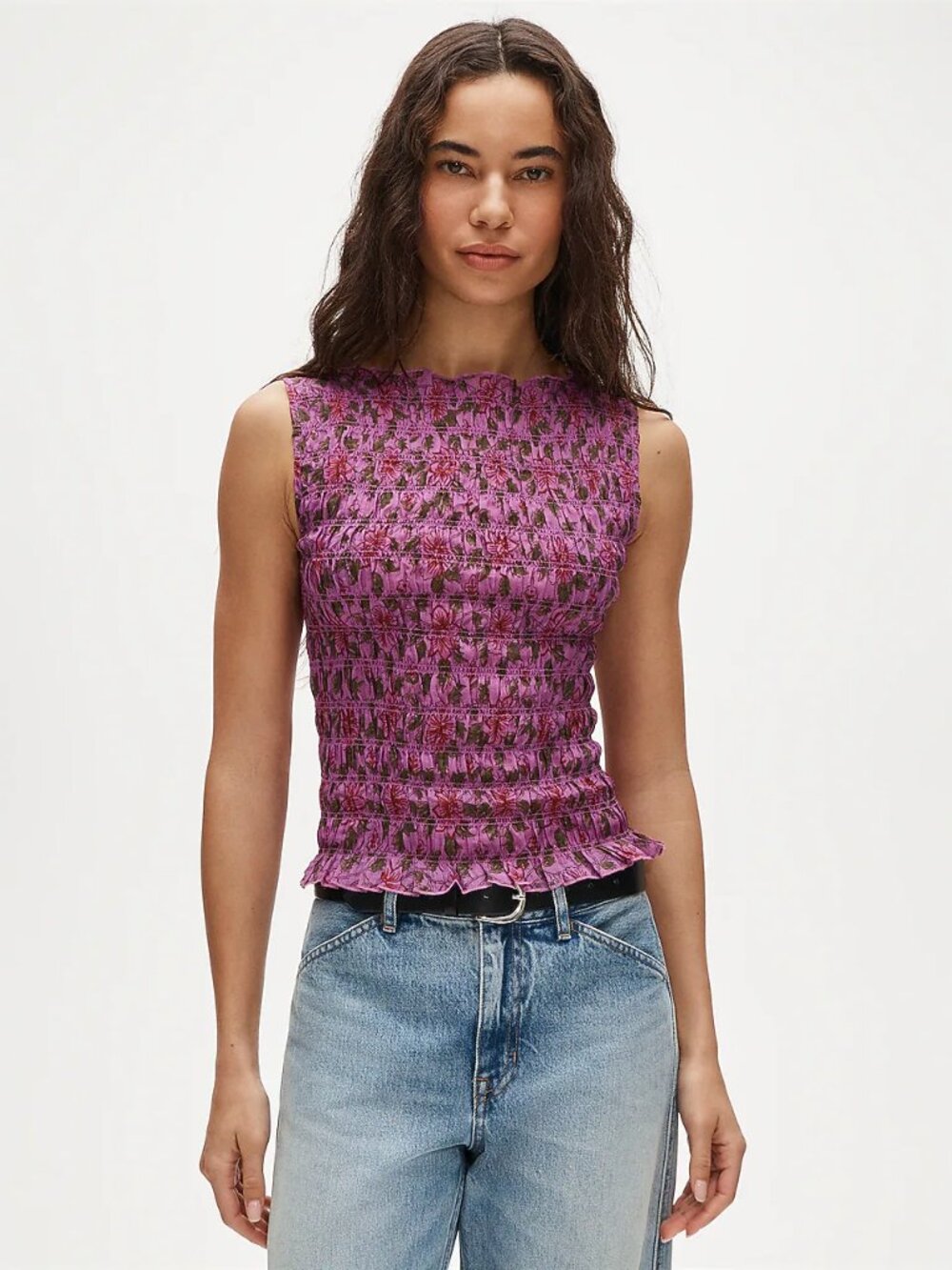 J.Crew Smocked shell tank top in floral print ramie-CT764-bright purple-NWT